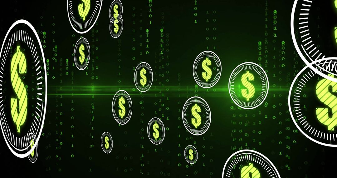 Digital Dollar Icons Among Binary Code for Financial Computing