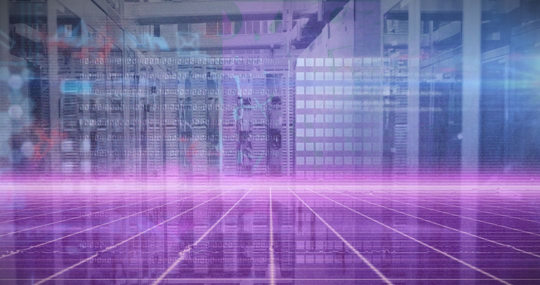 Futuristic Server Racks on Digital Grid with Code Streams