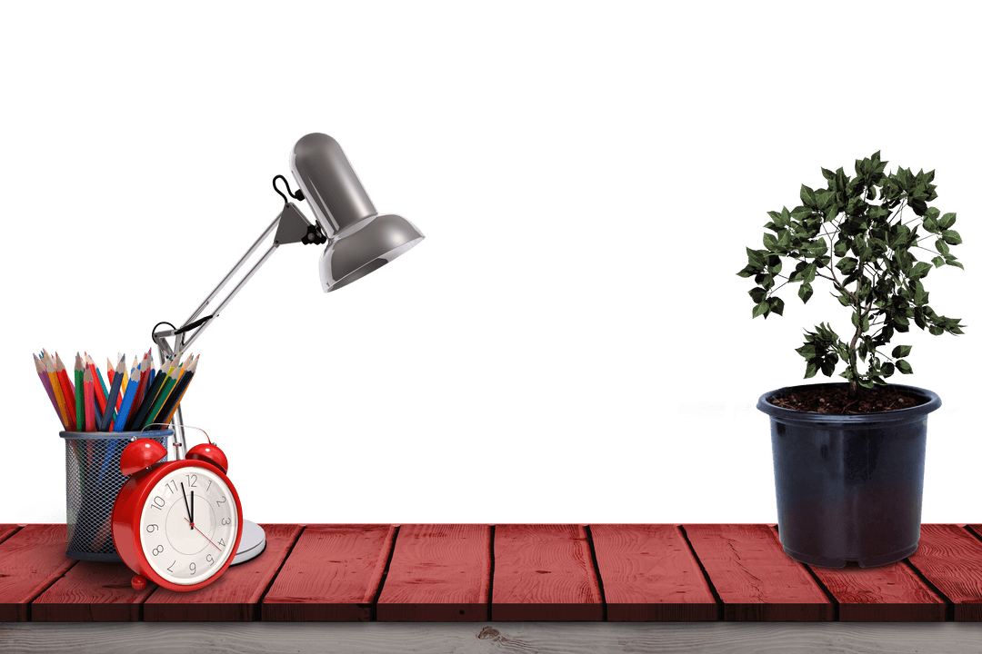 Transparent Desk Items: Clock, Lamp, Pencils, Plant