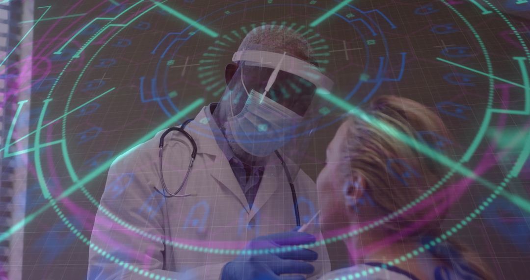 Doctor Performing Covid Nasal Swab with Holographic Interface