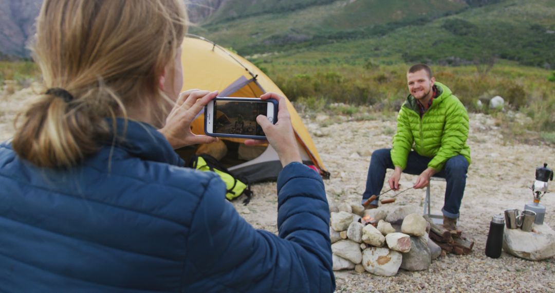 Capturing Memories: Friends Enjoying Camping in Scenic Mountains - Free Images, Stock Photos and Pictures on Pikwizard.com