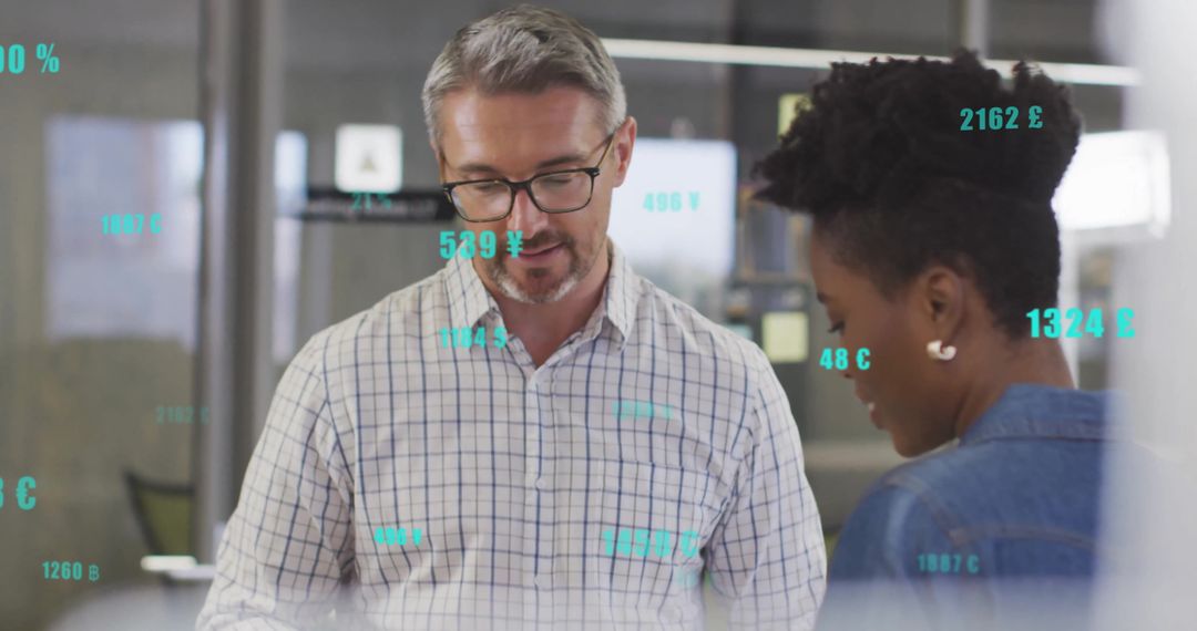 Diverse Colleagues Collaborating with Digital Data Overlay in Office