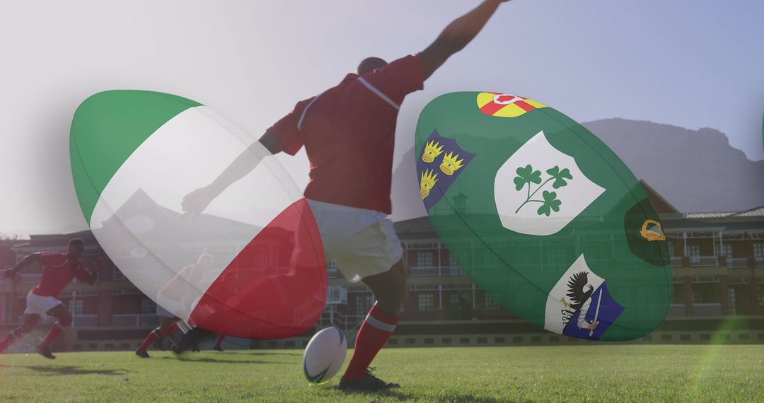 Diverse Rugby Players in Action with Flags Overlay