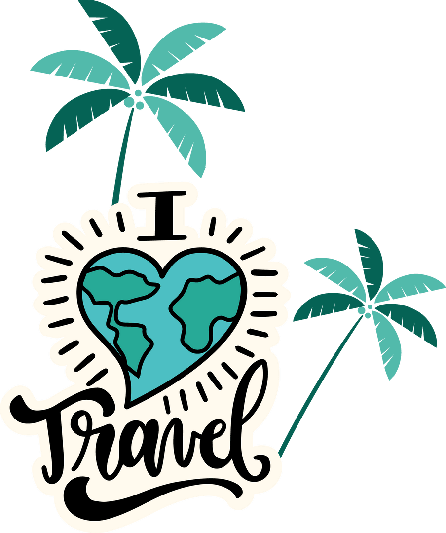 Inspirational Travel Design with Globe Heart and Palm Trees on Transparent Background