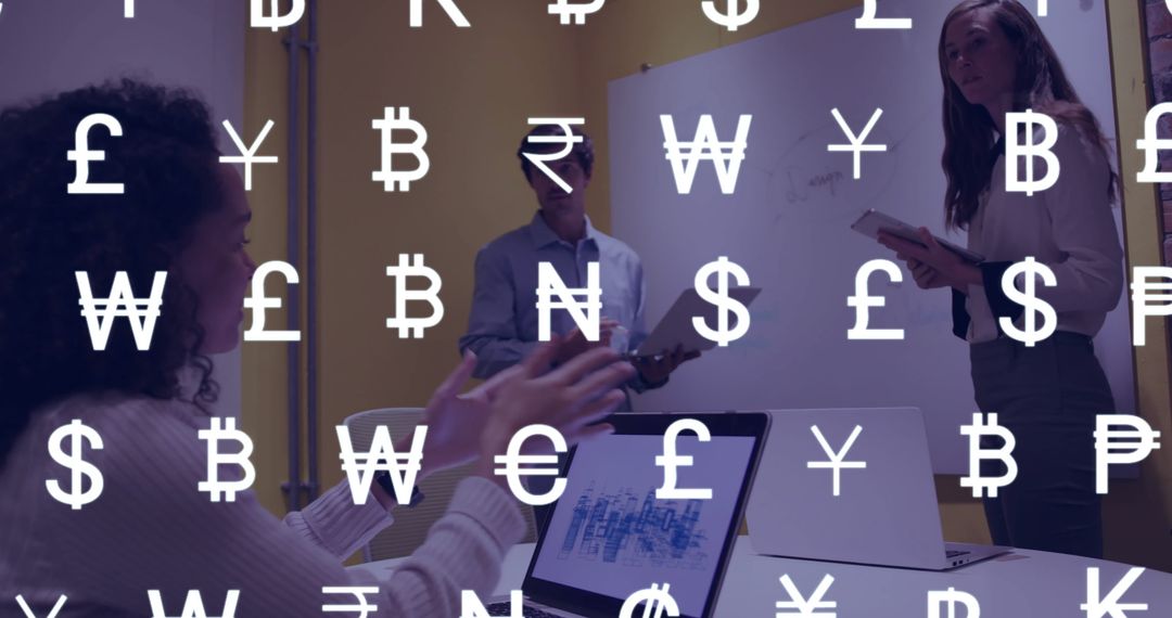 Business Team Discussing Global Finances with Currency Overlay