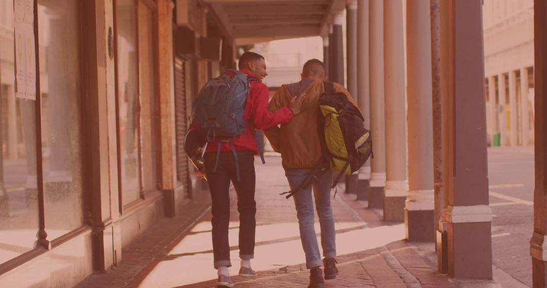 Two Friends Walking and Bonding in Cityscape
