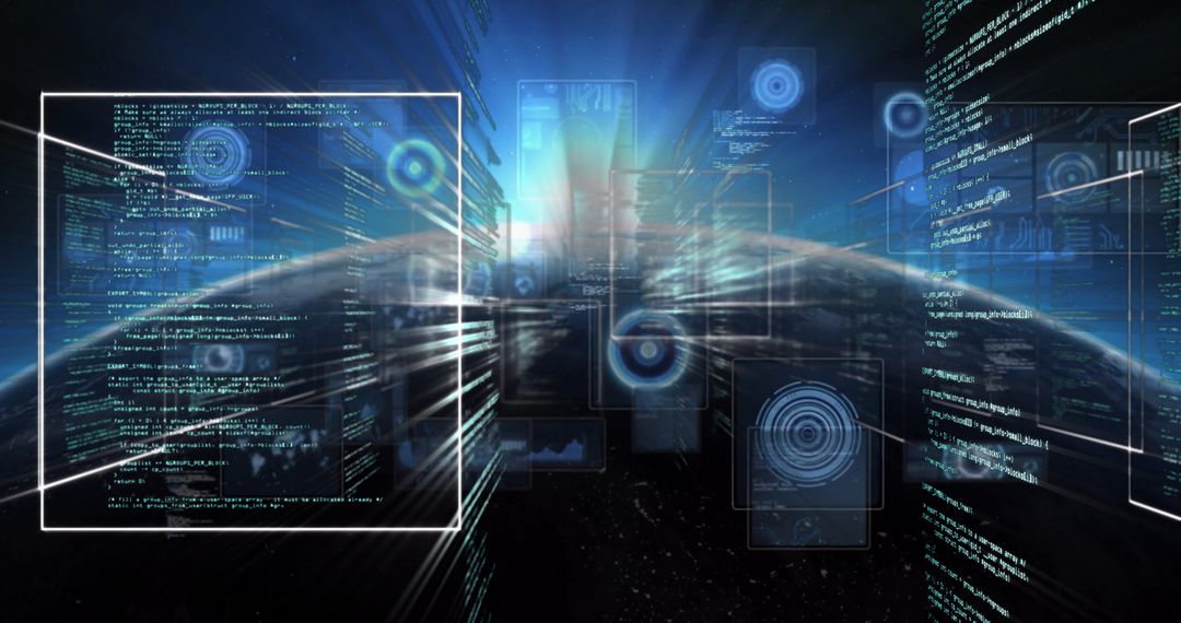 Futuristic Holographic Panels Streaming in Digital Cyberspace