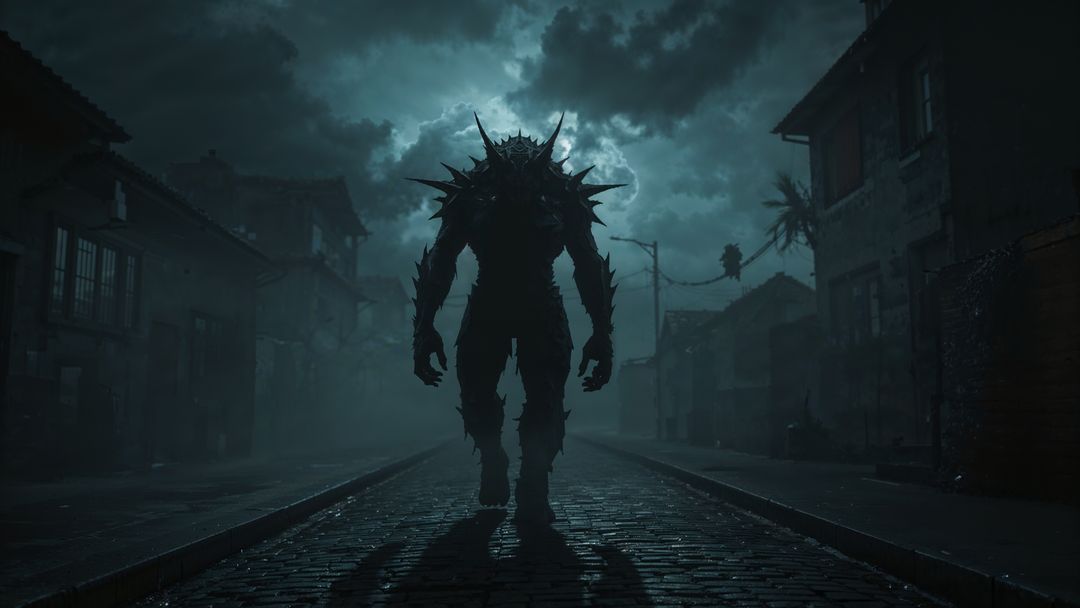 Gothic Creature Strolling Cobblestone Streets at Dusk