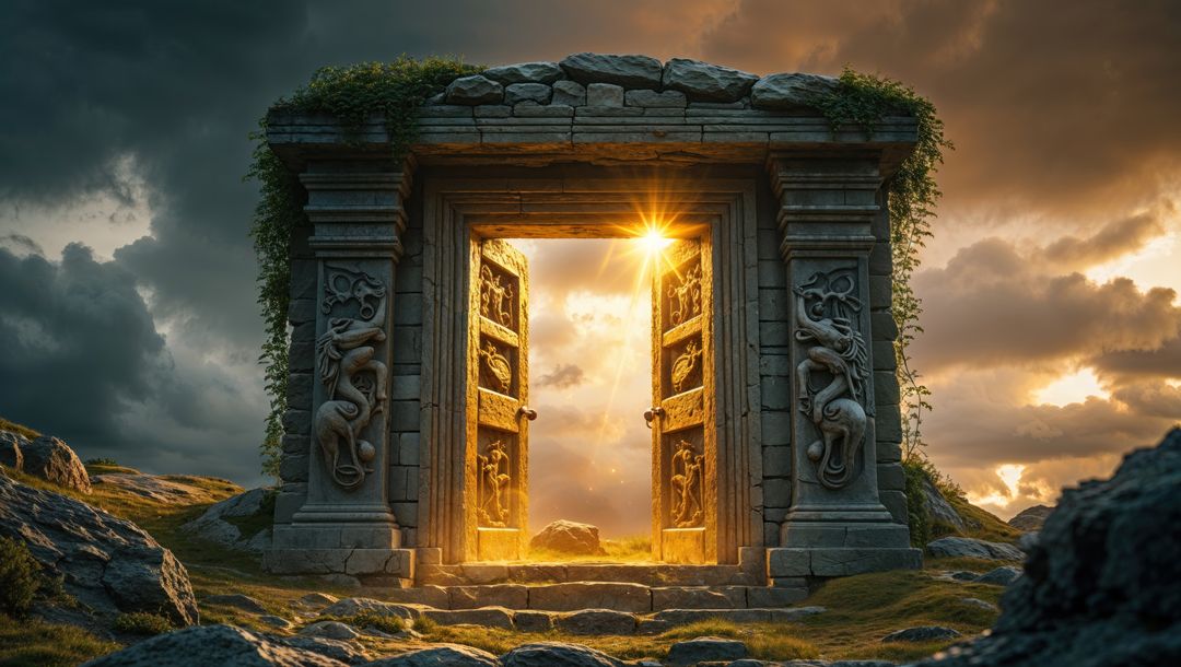 Mystical ancient stone portal illuminated, jesus resurrection concept, empty jesus christ grave back