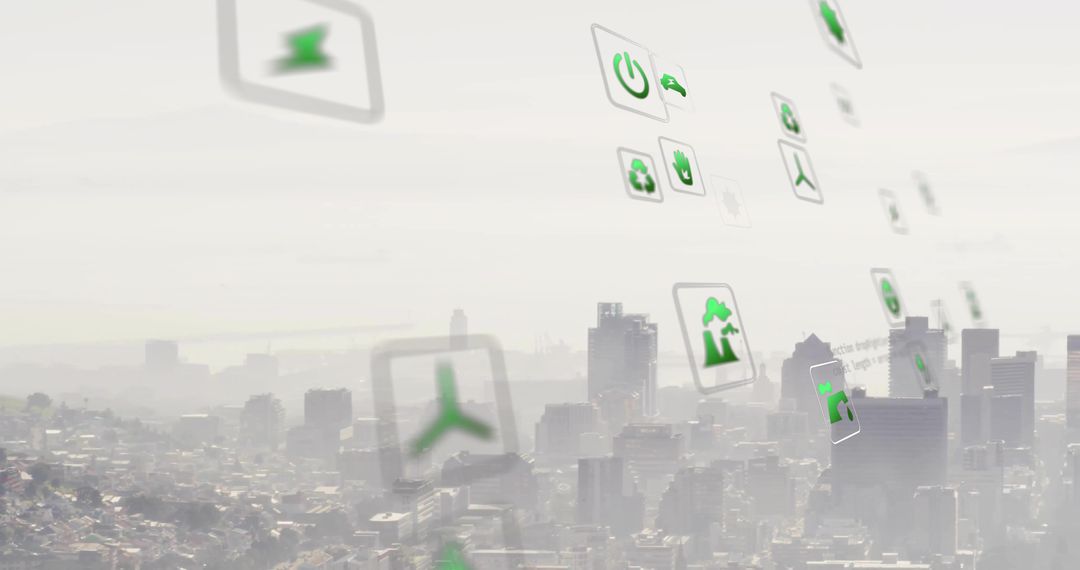 Floating Interface Icons Representing Green Tech Over Urban Skyline