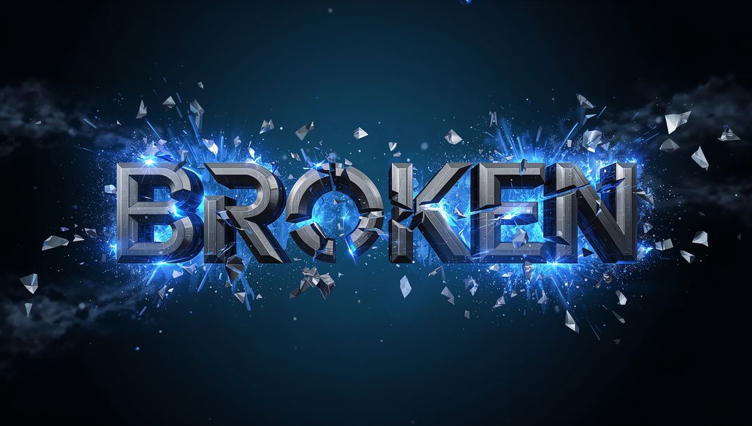 Shattering Metallic BROKEN Typography Exploding into Blue Neon Shards and Sparks