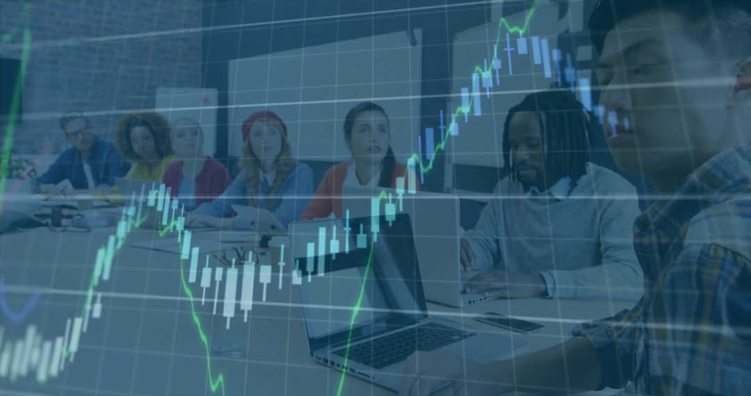 Diverse Team Analyzing Financial Growth with Technology Interface Overlay