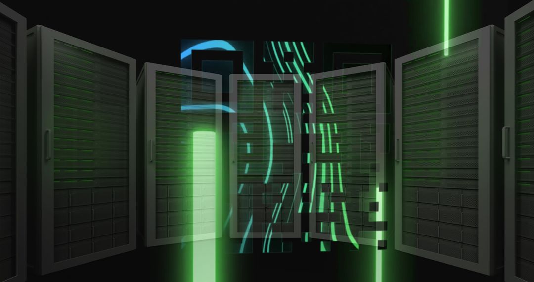 Futuristic Data Center with QR Code and Green Light Trails