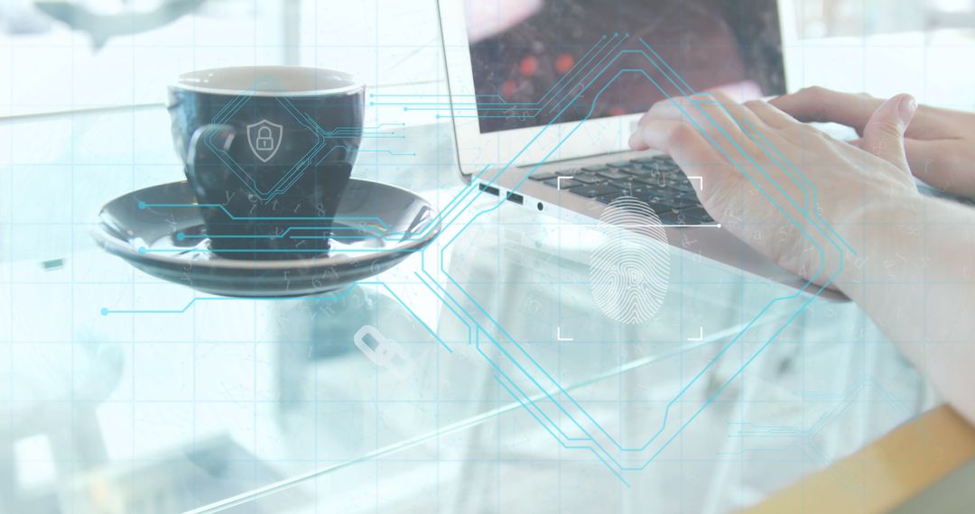 Hands Typing on Laptop with Biometric Security Overlay