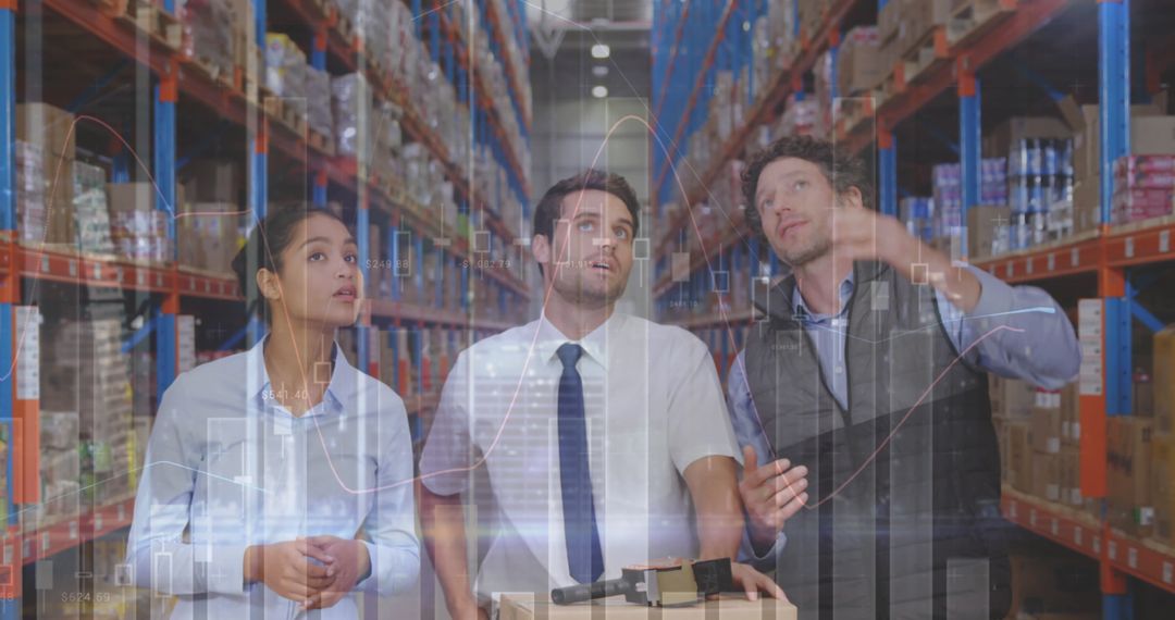 Warehouse Team Analyzing Data with Digital Graphs