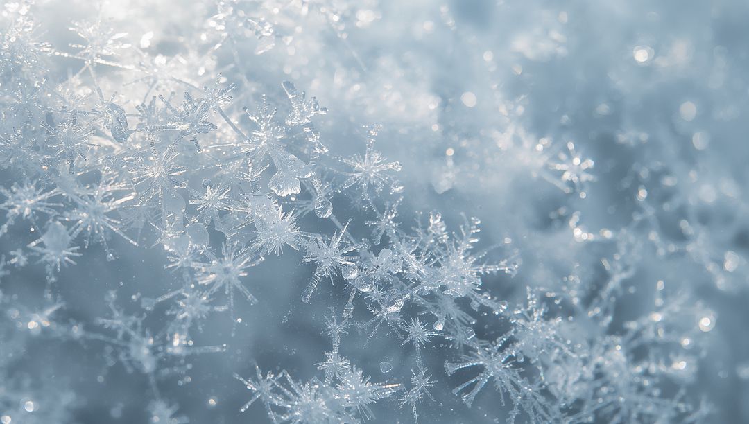 Macro Snowflake Cluster with Frosted Crystals and Water Droplets Winter Closeup Bokeh Glow