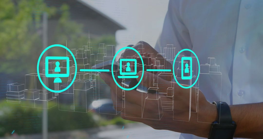 Man Interacting with Smartphone Overlaid with Digital Tech Icons