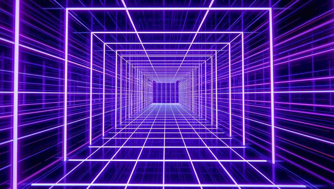 Entering neon grid tunnel leading to vanishing point with purple magenta cyberpunk glow