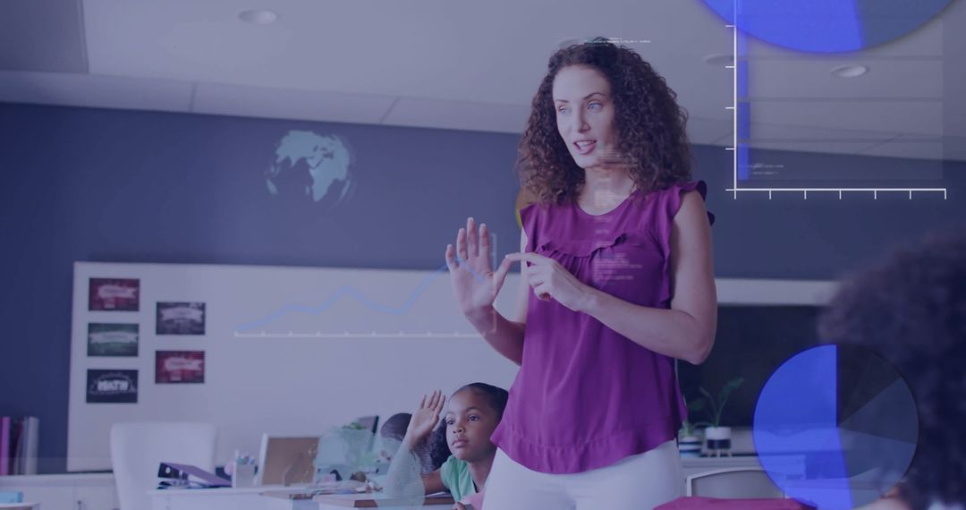 Teacher Leads Classroom with Digital Data Visualizations