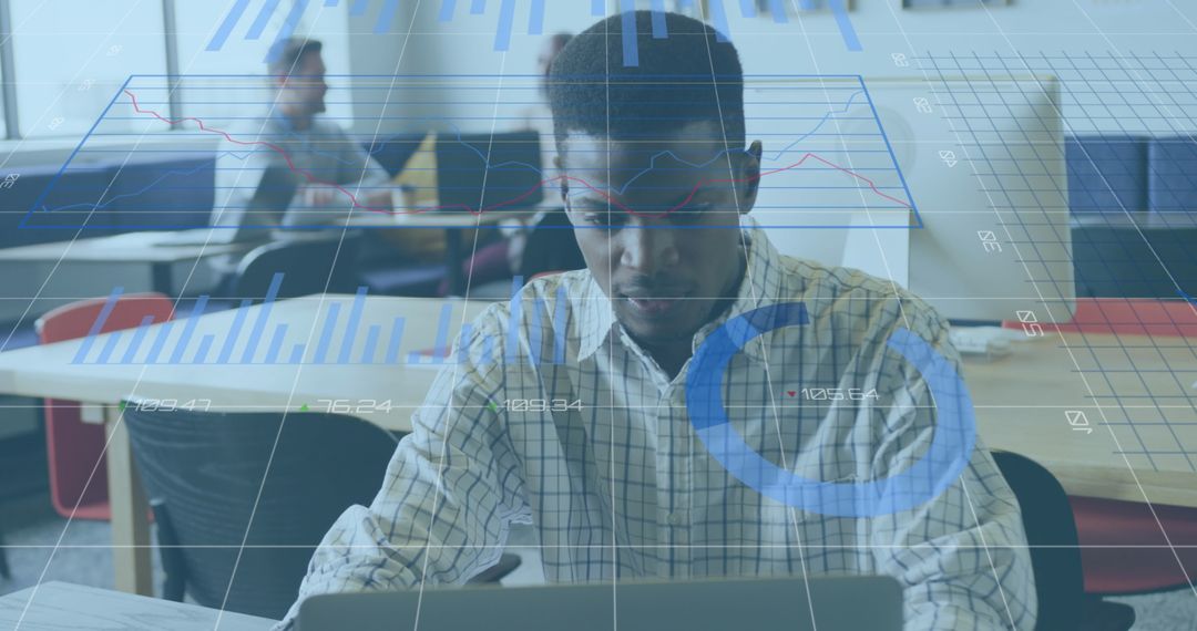 Diverse Team in Office with Analytical Data Overlay