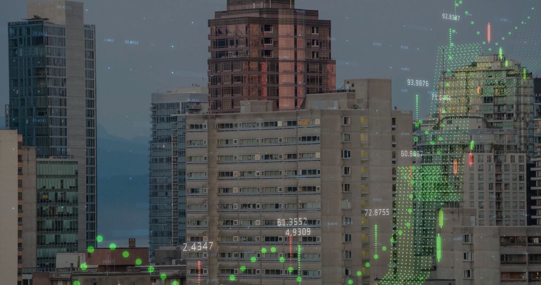 City Skyline Blended with Financial Data Graphs