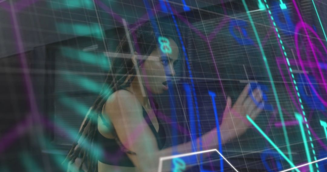 Female Athlete Running with Tech Interface Overlay