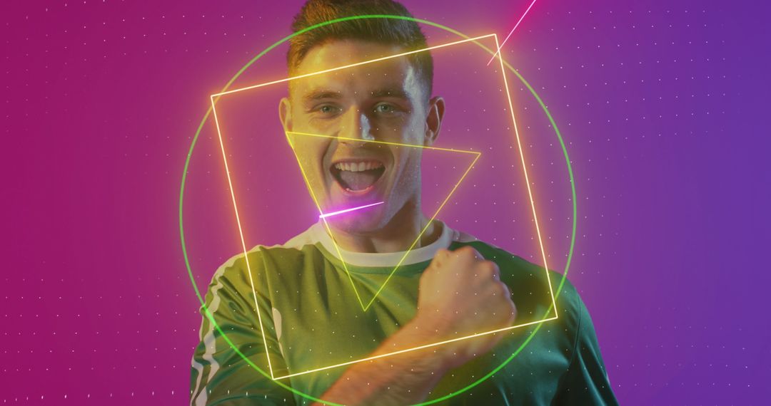 Man Celebrating in Digital Neon Overlay with Dynamic Energy