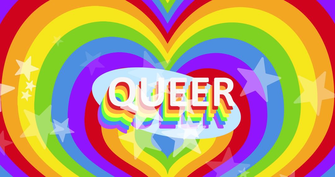 Queer Text with Stars on Colorful Rainbow Background