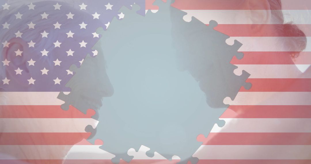 Elderly Couple Puzzle Silhouette with USA Flag Overlay Symbolizing Unity
