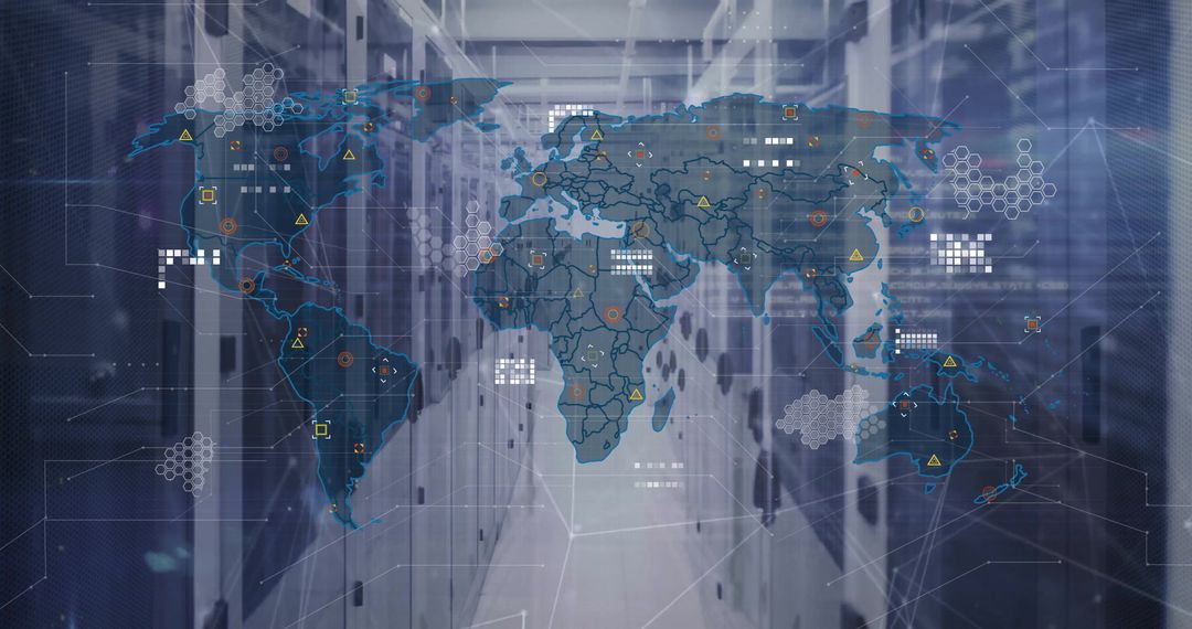 World Map with Data Overlay on Server Room