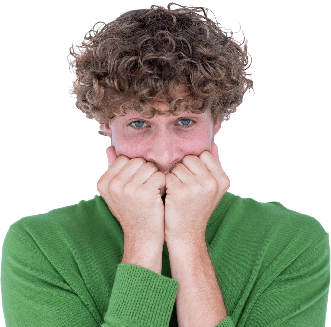 Transparent Worried Man with Curly Hair in Green Sweater