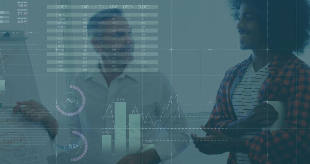Team presenting data with transparent charts and analyzing graphs in modern office
