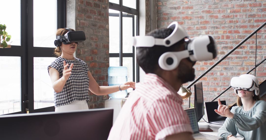 Team Collaborating with Virtual Reality Technologies in Brick Office
