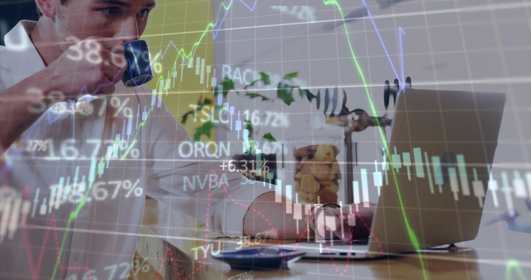 Professional at Desk Analyzing Stock Charts with Coffee