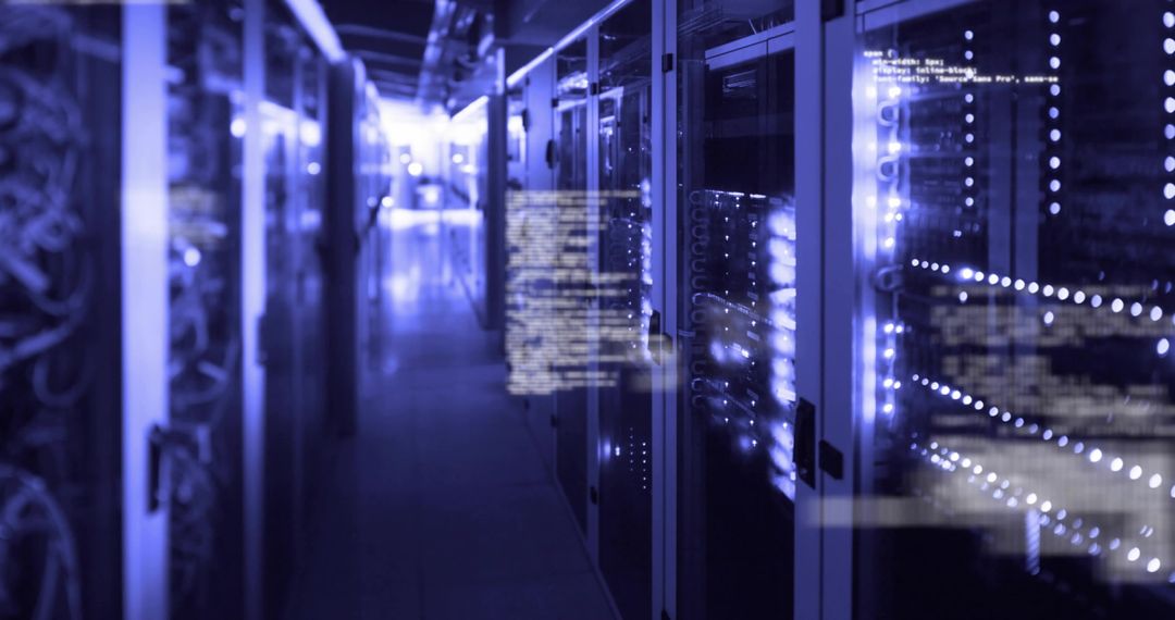 Modern Data Center Server Racks with Code Overlay in Blue Light