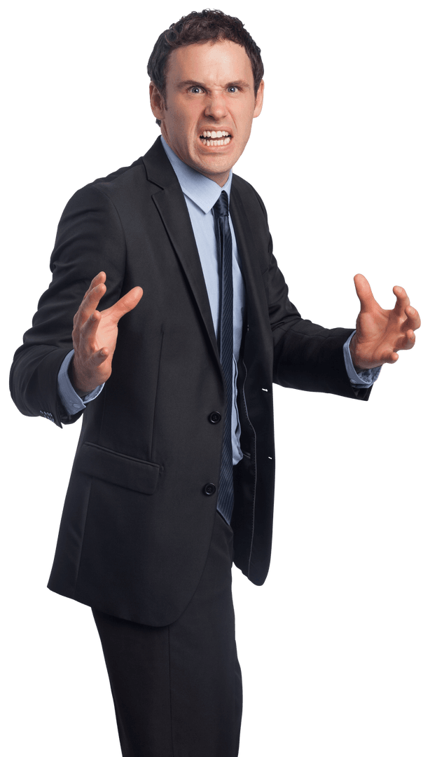 Frustrated Businessman in Suit Expressing Anger on Transparent Background