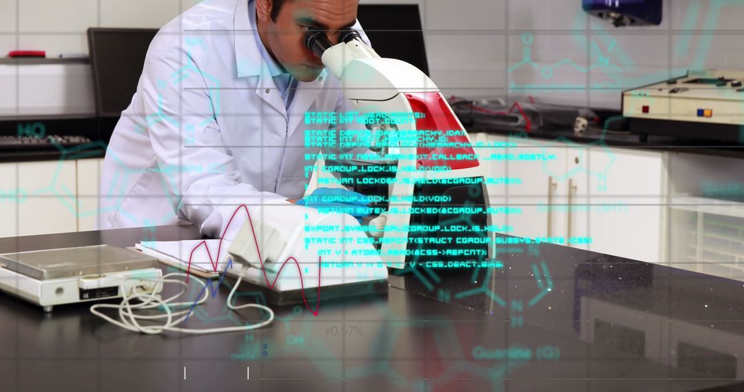 Scientist Analyzing Data with Microscope and Holographic Display