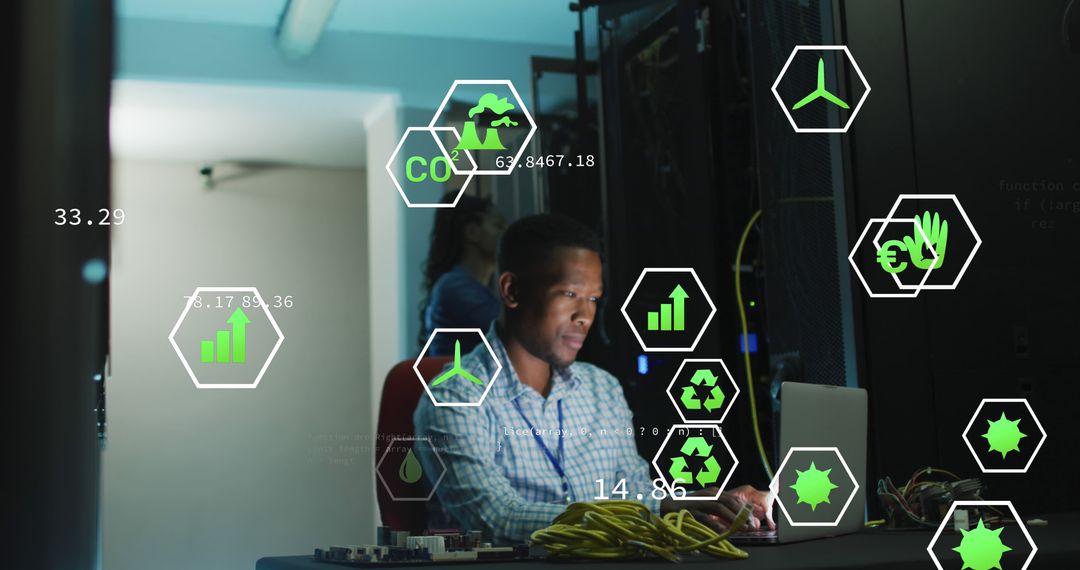 Man Analyzing Data in High-Tech Server Room with Graphical Overlays - Free Images, Stock Photos and Pictures on Pikwizard.com