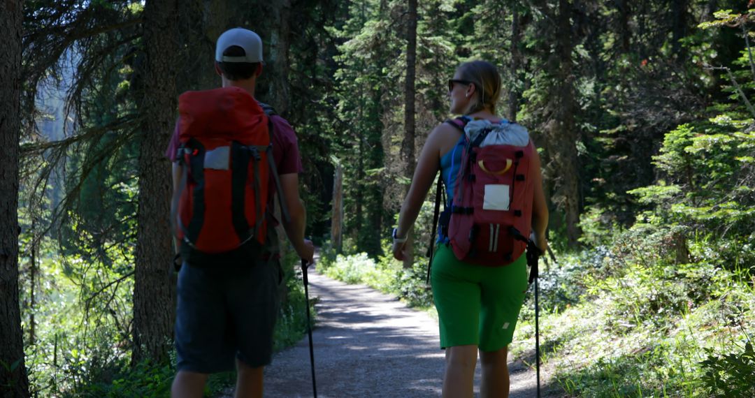Couple Hiking in Sunlit Forest Trail with Backpacks