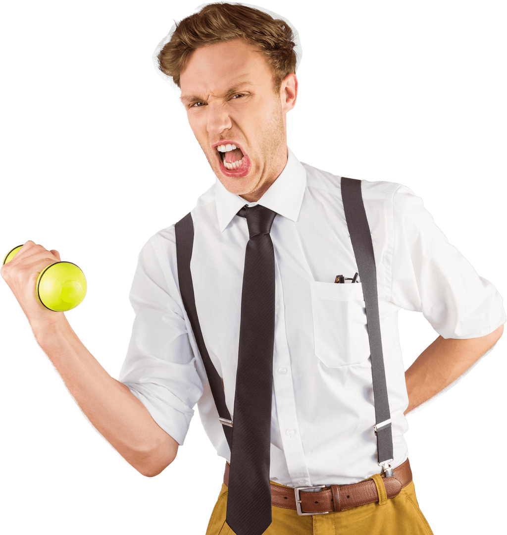 Geeky Businessman Exercising with Dumbbell Transparent Background