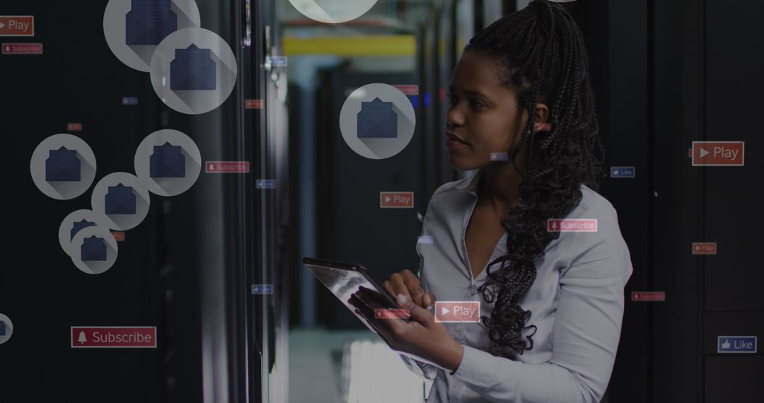 Businesswoman Analyzing Data with Augmented Reality Interface in Server Room