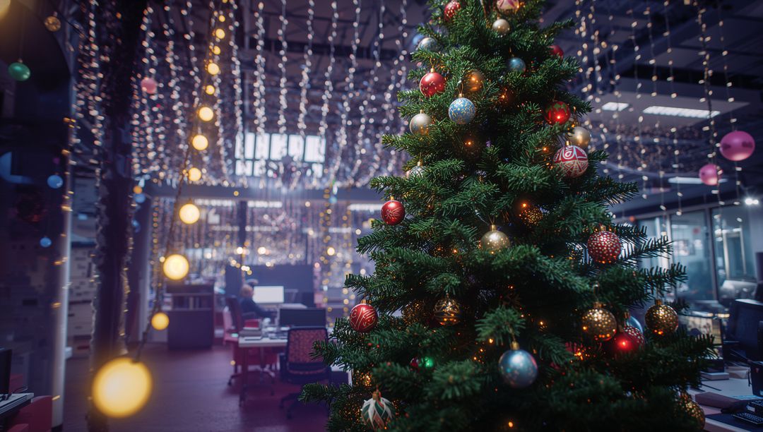 Festive Office Celebration with Illuminated Christmas Tree