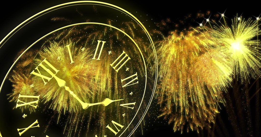 New Year Midnight Celebration with Fireworks and Clock