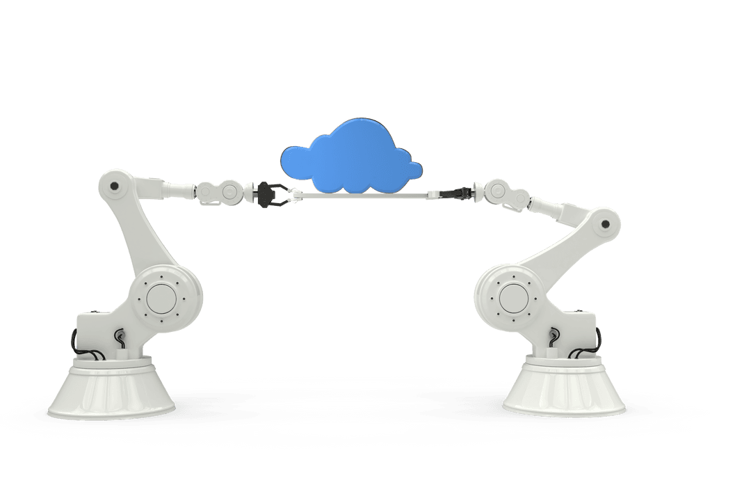 Robotic Arms Holding Transparent Blue Cloud Symbolizing Tech Connectivity