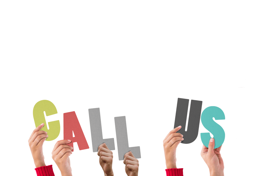 Hands Holding Call Us Text in Bold Letters on Transparent Background