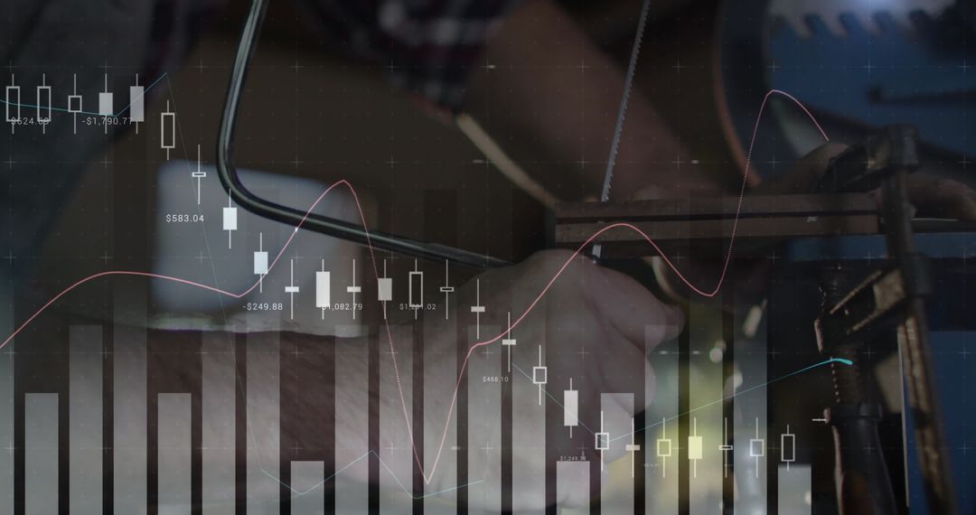 Woodworker Crafting at Workbench with Financial Data Overlay