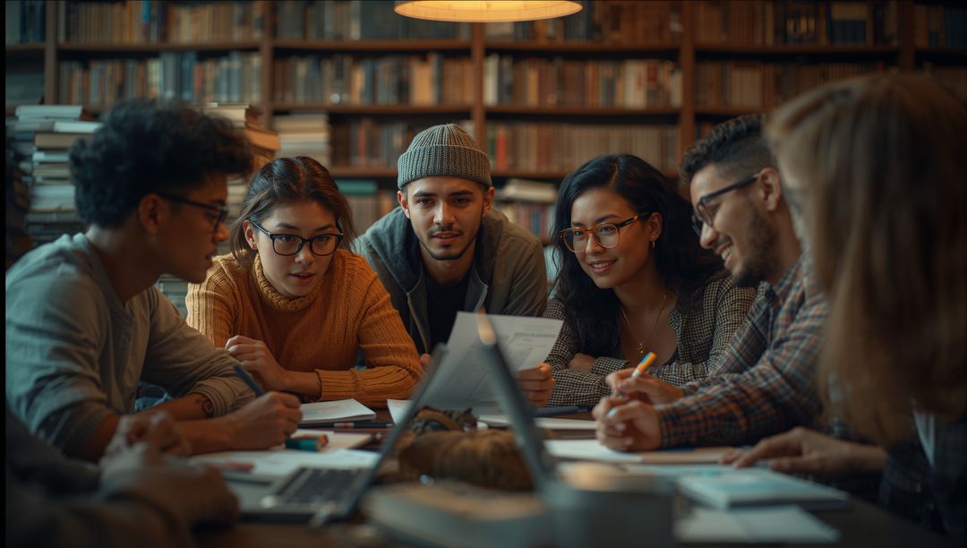 Diverse Group Collaborating in Library with Technology
