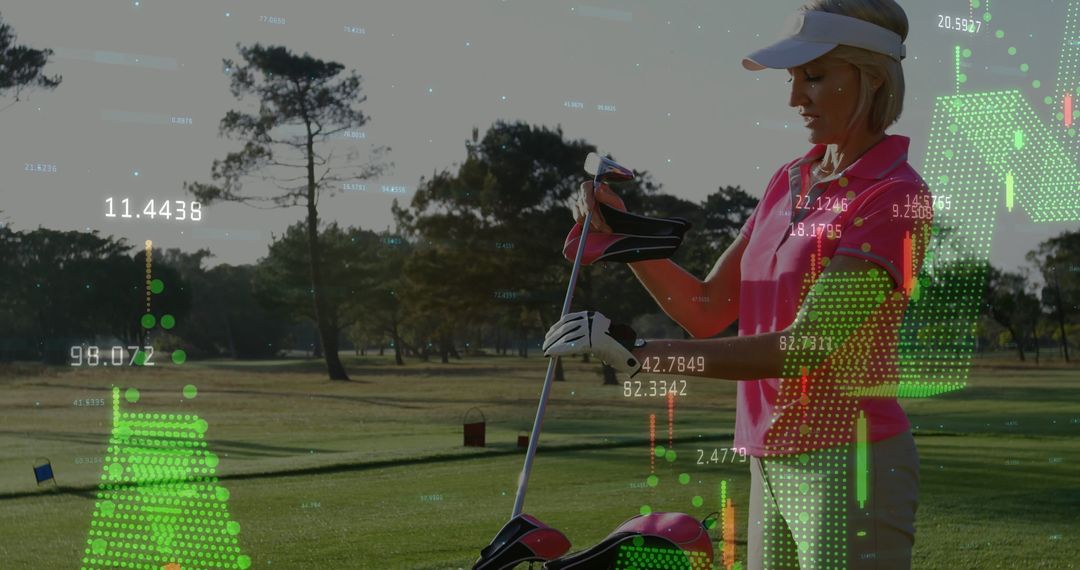 Female Golfer Organizing Clubs with Digital Overlay on Green Fairway