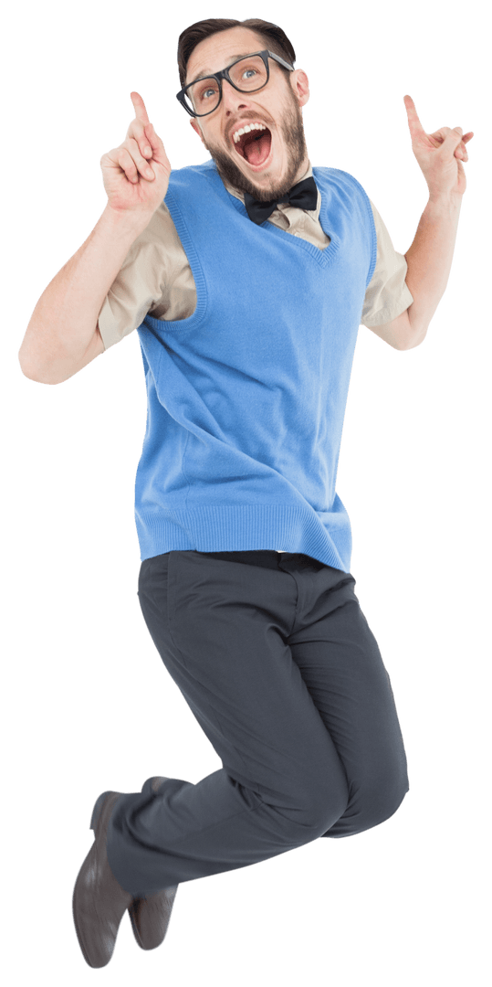 Happy Geek with Glasses Jumping Into the Air Transparently