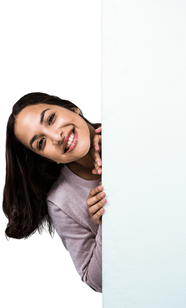 Smiling Woman Peeking from Behind Transparent Board
